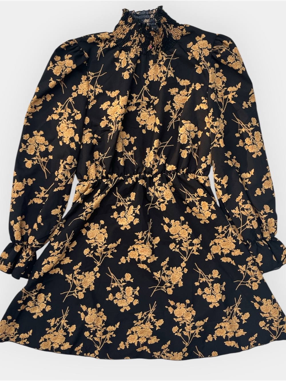Black & Gold Floral Smocked Mini Dress Size Small